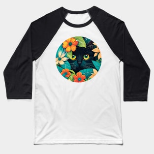 Black Cat Filled With Flowers - Floral Kitty Baseball T-Shirt